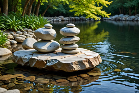 zen stones in the garden with pond and green plant on the backgroundの素材