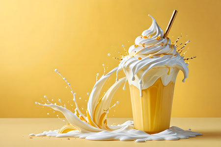 Milkshake with whipped cream on yellow background. 3d renderingの素材