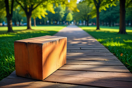 Wooden bench in the park with sunlight and shadow on the groundの素材