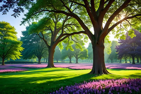 Spring landscape with blooming tulips and big tree in the parkの素材