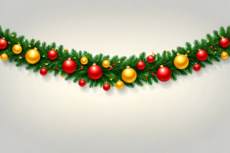 Christmas background with fir branches and red and gold balls. Vector illustration.の素材