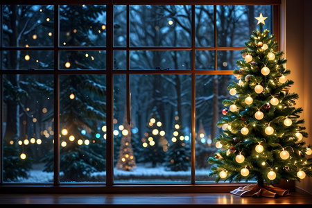 Christmas tree with lights on the background of the window in the eveningの素材