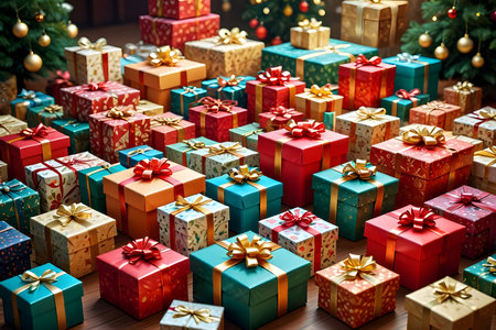 Gift boxes on the background of Christmas tree. Christmas and New Year concept.の素材