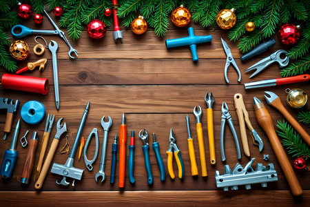 Christmas and New Year tools on a wooden background. Top view.の素材