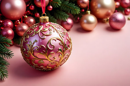 Christmas background with baubles and fir tree branches on pink backgroundの素材