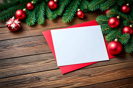 Christmas card with fir tree branches and red balls on wooden background.の素材