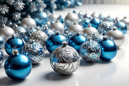 Blue and silver christmas baubles on a white background.の素材