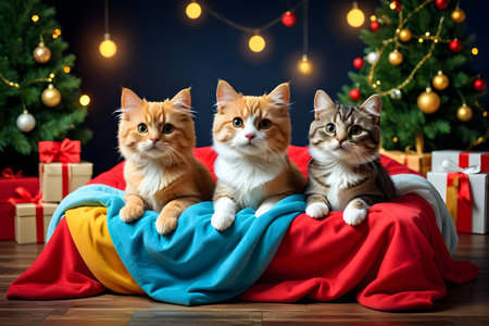 Three cats in front of christmas tree with gifts and lights.の素材