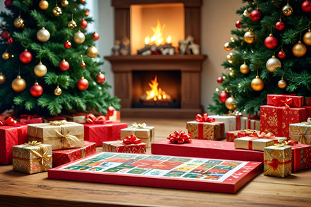 Christmas and New Year holiday background. Christmas tree, presents and fireplaceの素材