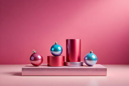 Christmas baubles on pink pedestal. 3d render.の素材