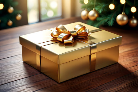 Golden gift box with golden bow and christmas tree on wooden backgroundの素材