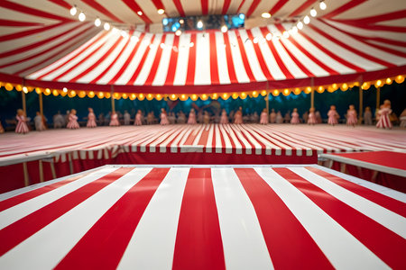 Red and white circus tent with people in the background, vintage toneの素材