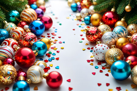 Christmas background with colorful baubles, fir branches and confettiの素材