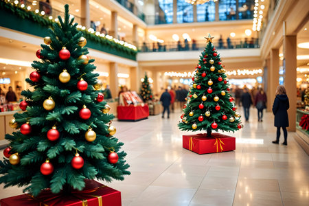 Christmas tree and gifts in the shopping mall. Christmas background. New Yearの素材