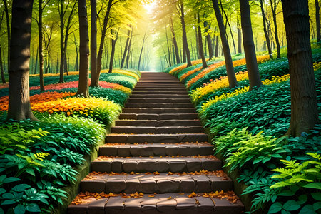 Stairway in the green forest with yellow and orange flowers.の素材