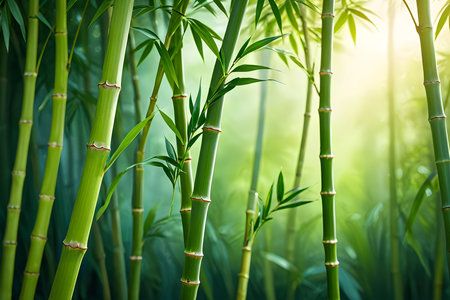 Green bamboo forest in the morning light. Natural background. Shallow depth of fieldの素材