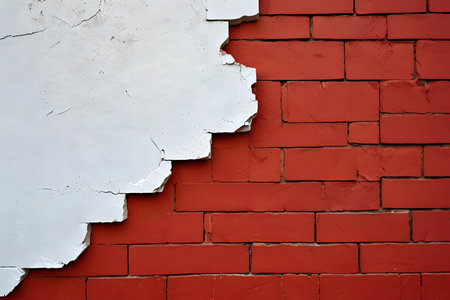 White and red brick wall with peeling paint. Abstract background.の素材