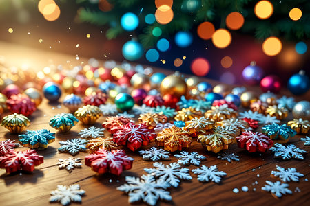 Christmas and New Year holidays background with bokeh lights and snowflakesの素材