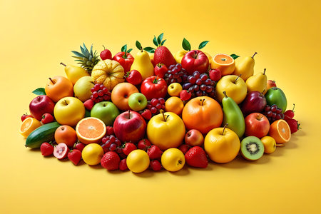 Fruits and vegetables on yellow background. Healthy food concept. Top view.の素材