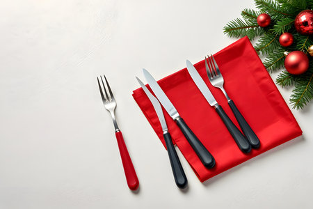 Christmas table setting with red napkin, fork and knife on white backgroundの素材