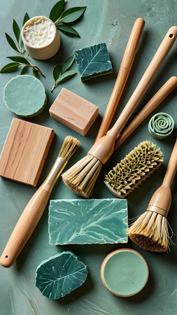 Set of eco-friendly products for personal care on green background.の素材