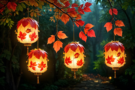 lanterns with autumn leaves on a dark background. lanterns with autumn leavesの素材