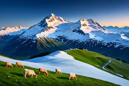 Cows grazing on the alpine meadow in the Swiss Alpsの素材