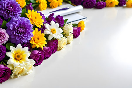 Colorful flowers bouquet with notebook and pen on white background.の素材
