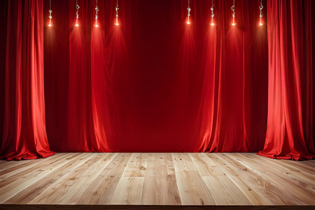 Red stage curtain with wooden floor and spotlights. 3D Renderingの素材