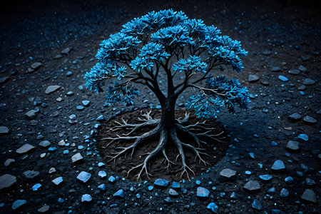 Tree with roots on black ground. 3d illustration. Nature conceptの素材