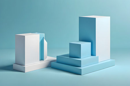 3d render of blue and white pedestal on blue background.の素材