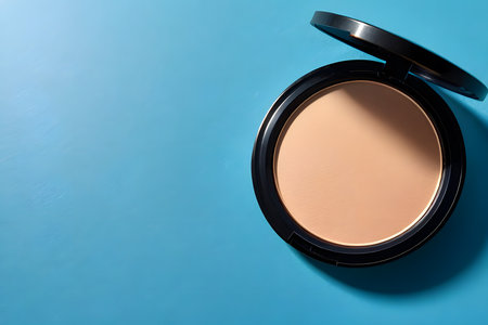 Makeup powder in black box on blue background with copy space.の素材