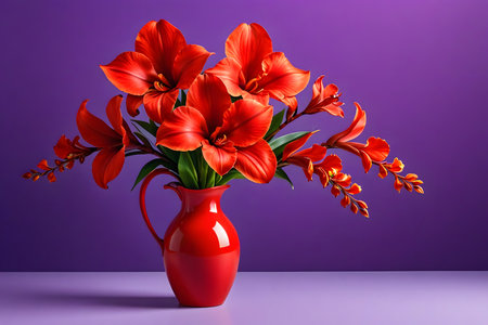Bouquet of red lilies in a vase on a purple backgroundの素材