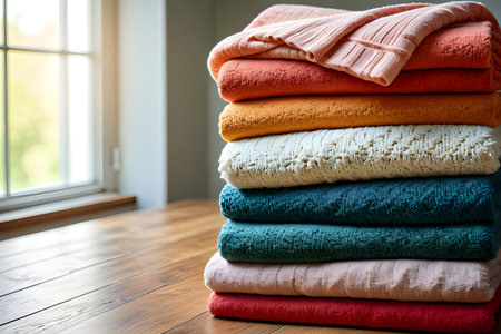 Stack of colorful towels on the wooden floor. Close-up.の素材