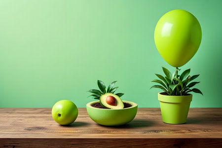Avocado and green apple in flower pot on wooden table over green backgroundの素材