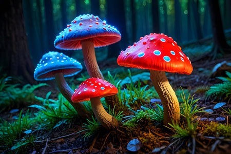 Mushrooms in the forest at night. Beautiful nature background.の素材