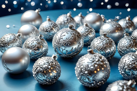 Silver Christmas balls on blue background with bokeh. 3D illustrationの素材