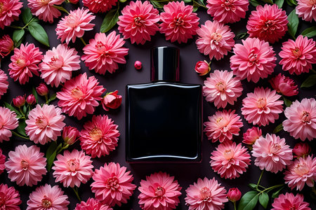 Bottle of perfume and pink flowers on black background. Flat lay.の素材