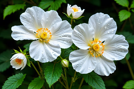 White hibiscus flowers with raindrops on green leaves backgroundの素材
