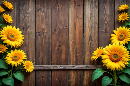 Sunflowers on rustic wooden background. Top view with copy spaceの素材