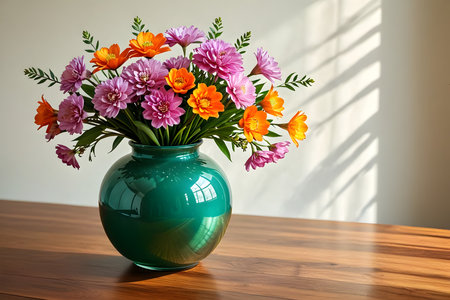 Bouquet of flowers in a green vase on a wooden tableの素材