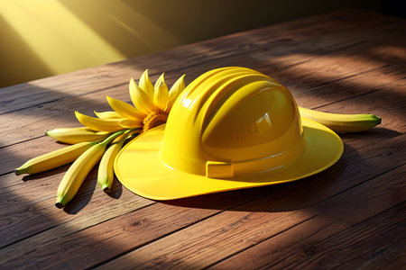 Yellow hard hat and bananas on a wooden table. 3d renderingの素材