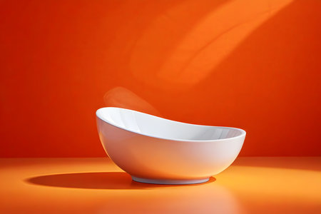 White ceramic bath bowl on orange background. 3d render illustration.の素材