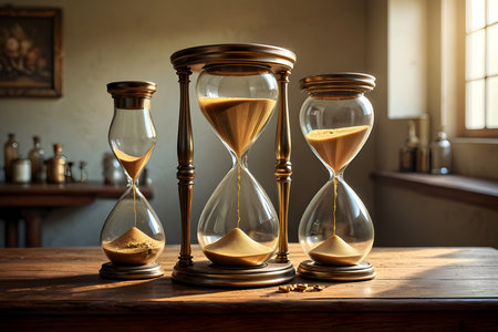 Hourglass on wooden table in vintage interior. Concept of time managementの素材