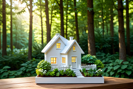 Miniature house model on wooden table in green forest. Real estate conceptの素材