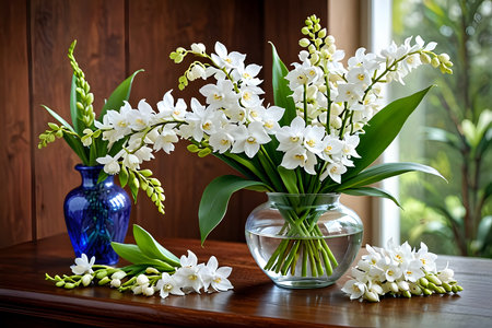 Bouquet of white lilies of the valley in a vaseの素材