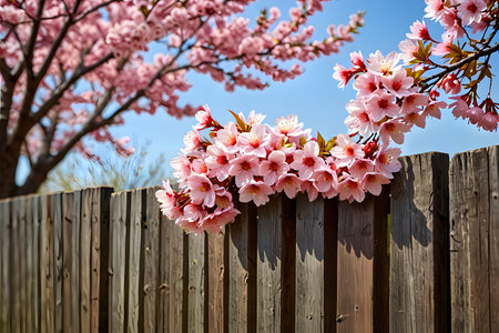 cherry blossom sakura in spring time over wooden fence backgroundの素材