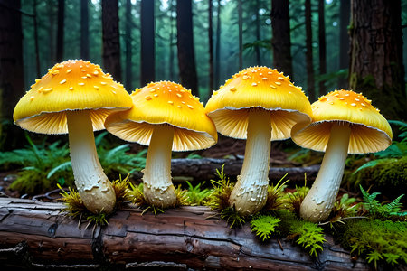 Mushrooms in the forest on a background of moss and pine treesの素材