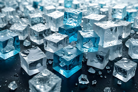 Ice cubes on black background. Blue ice cubes on black background.の素材