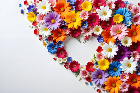 Colorful flowers in heart shape on white background. Top view.の素材